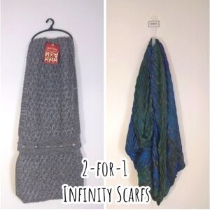 NWT 2-for-1 Infinity Scarves Lot Heather Grey knit and turquoise textured OS
